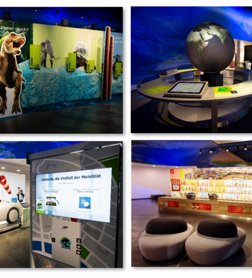 Eine Collage zeigt vier verschiedene Stationen in der Ausstellung der KLIMA ARENA.